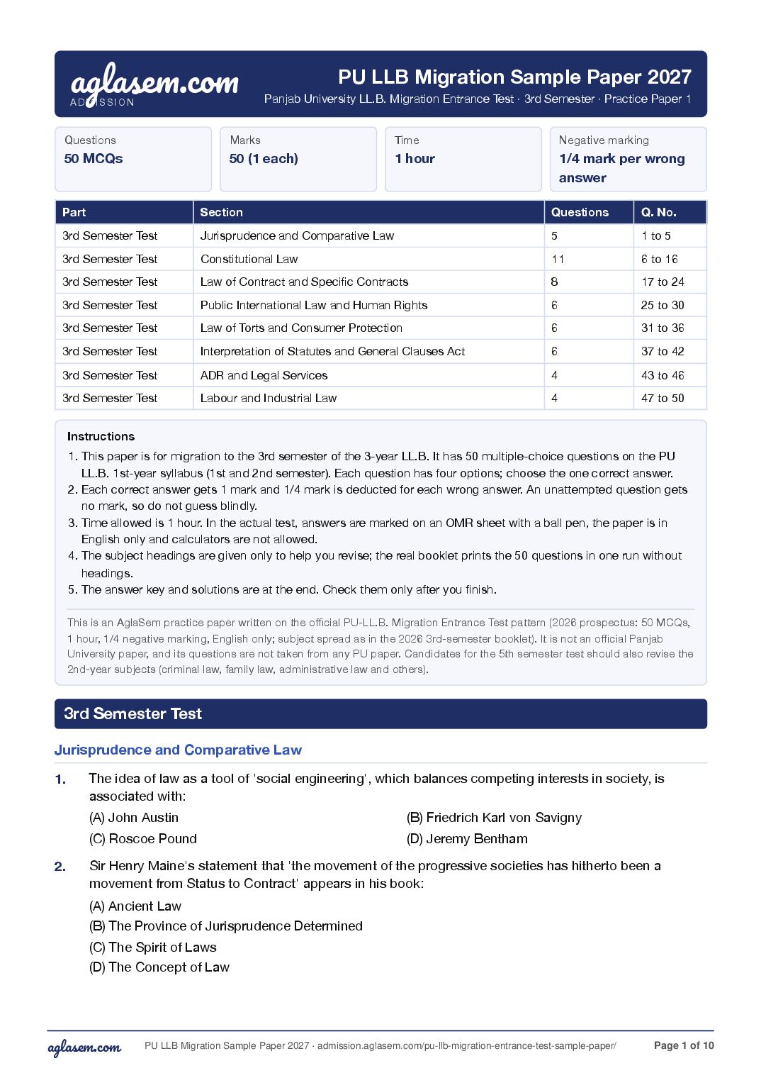 PU LLB Migration Test 2027 Sample Paper - Page 1 of 10