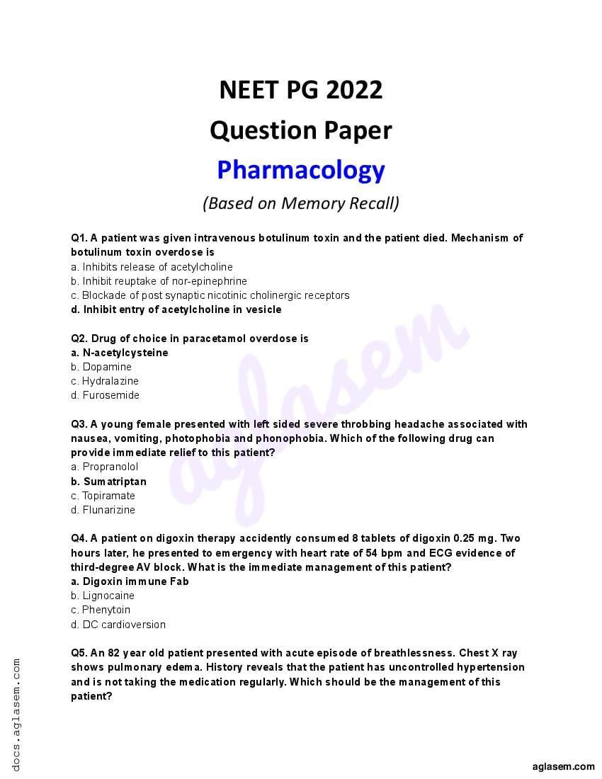 NEET PG 2022 Question Paper Pharmacology - Page 1