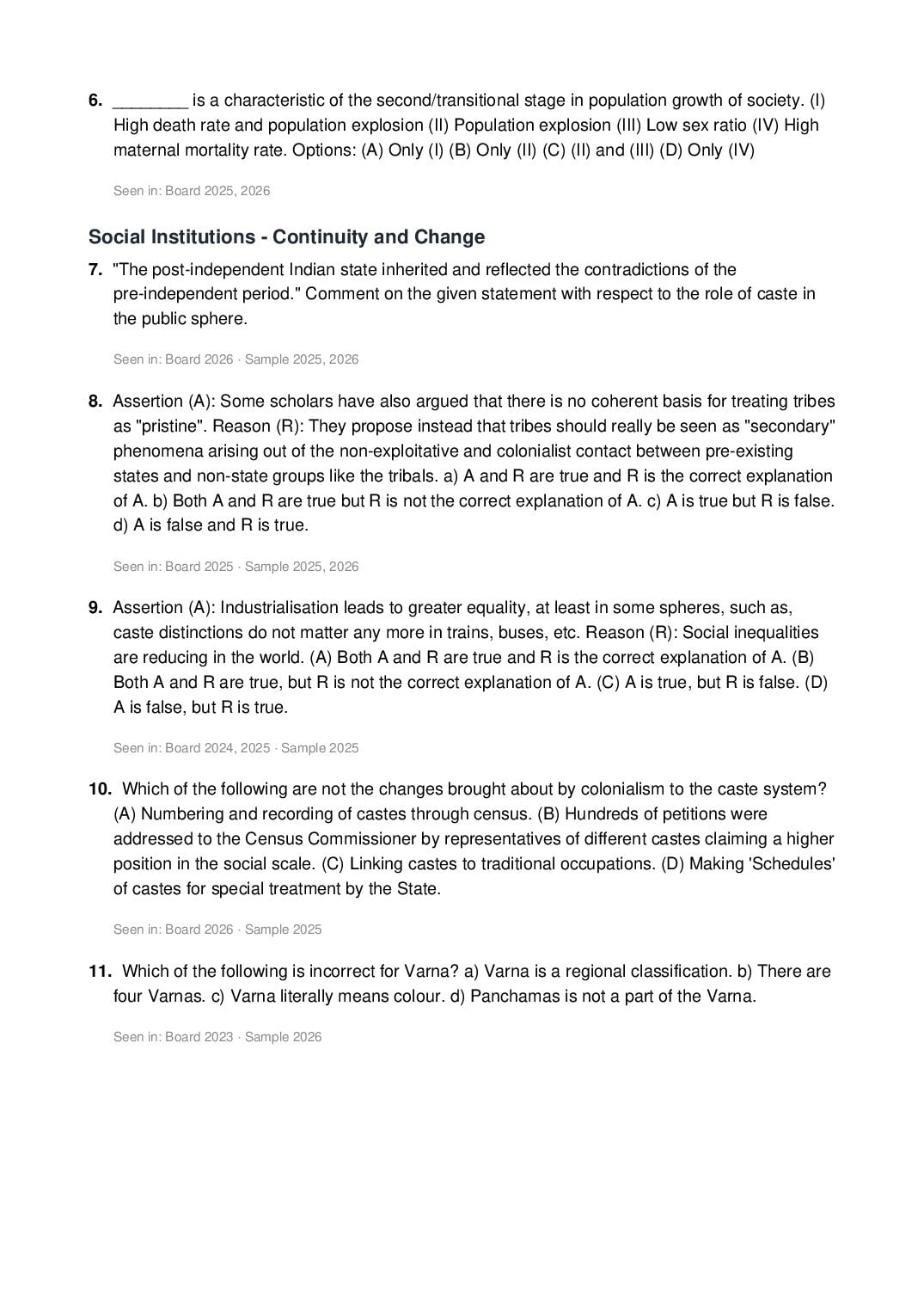 CBSE Class 12 Sociology Important Questions 2027 (PDF)