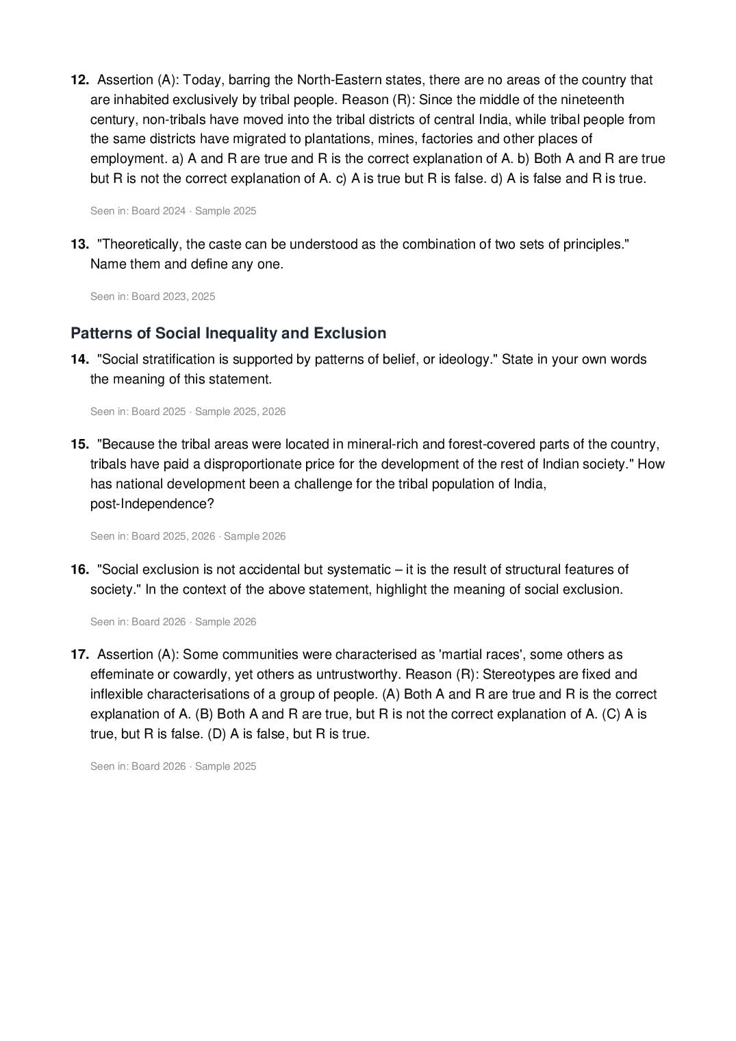 CBSE Class 12 Sociology Important Questions 2027 (PDF)