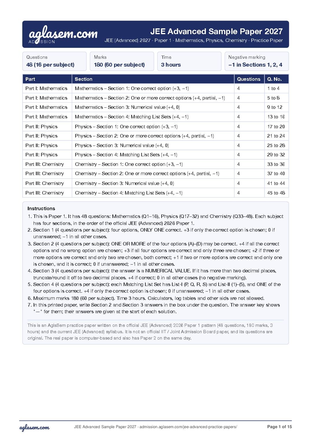 JEE Advanced 2027 Sample Paper Paper 1 - Page 1 of 15