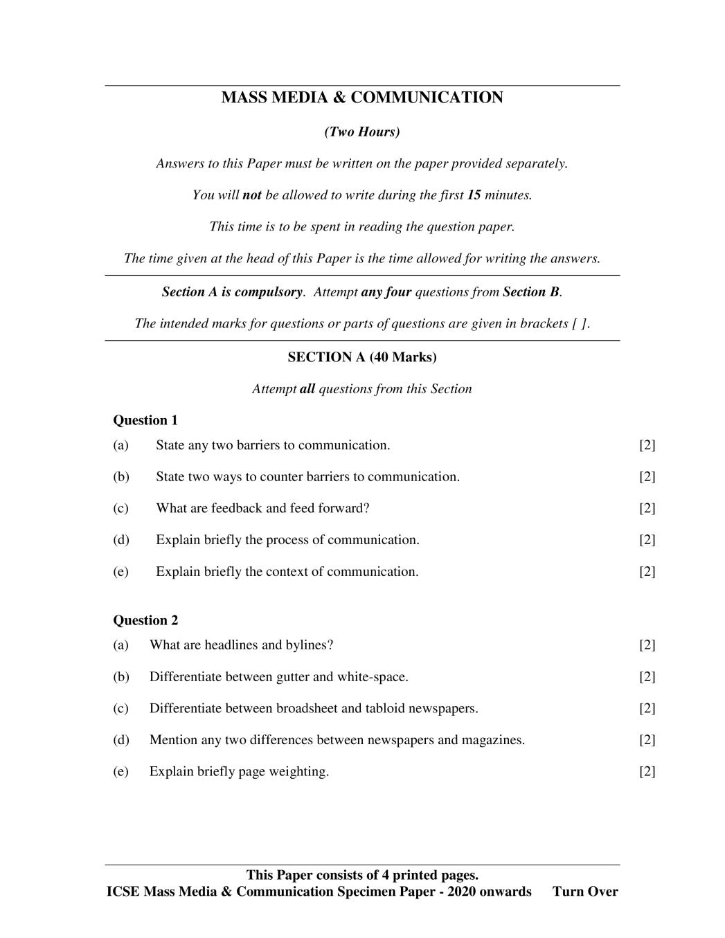 ICSE Class 10 Specimen Paper 2020 for Mass Media Communication  - Page 1
