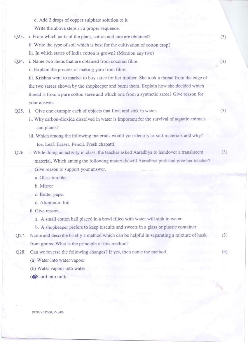 CBSE Class 6 Half Yearly Question Paper - Science