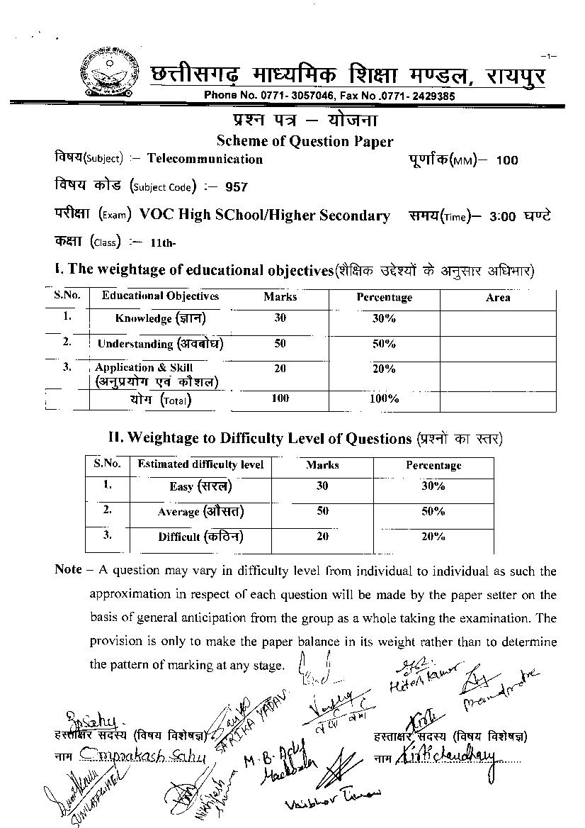 CG Board 11th Question Paper Scheme 2020 Telecommunication - Page 1