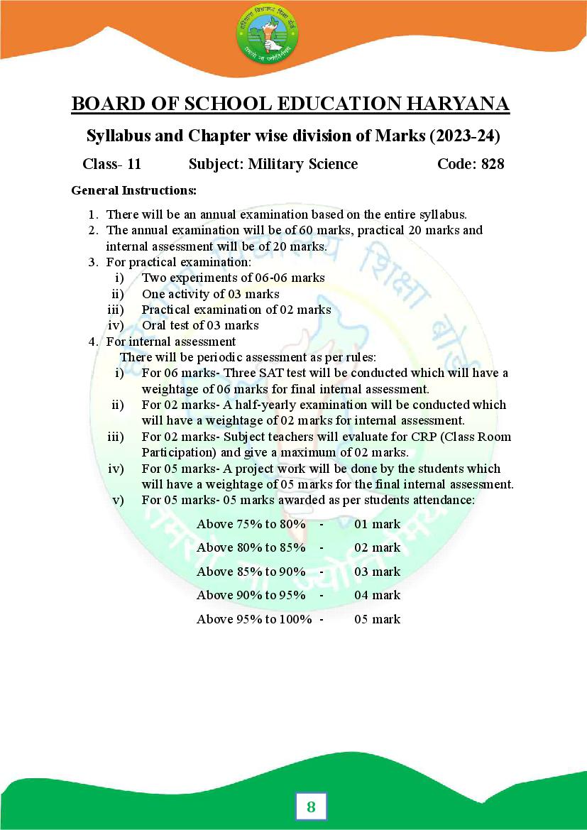 HBSE 11th Syllabus 2024 Military Science (PDF) - Haryana Board Class 11 ...