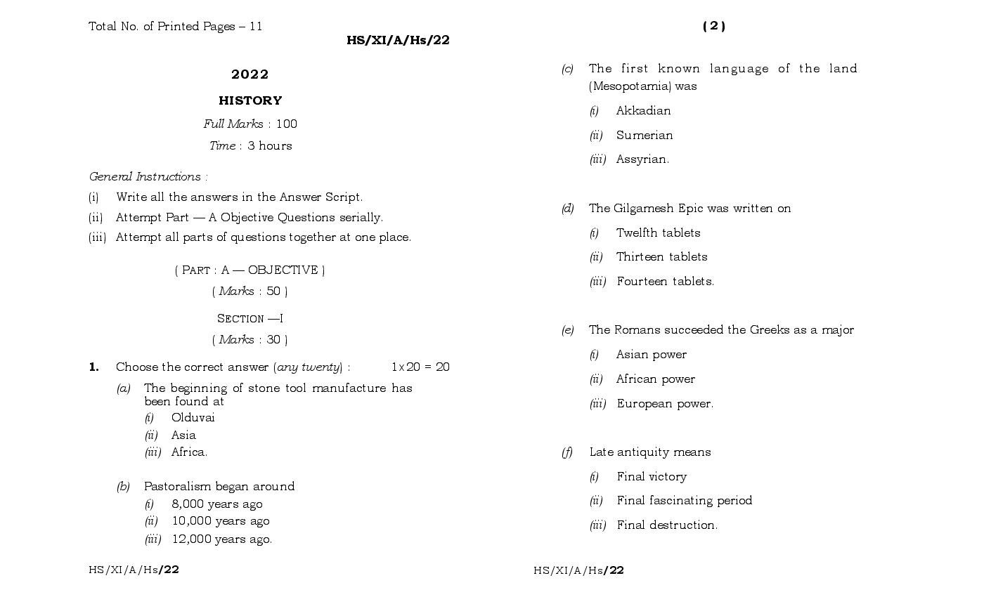 MBOSE Class 11 Question Paper 2022 for History - Page 1