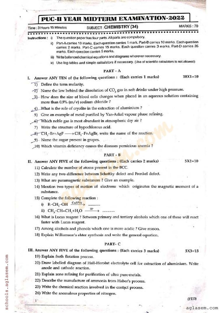 Karnataka 2nd Puc Chemistry Question Paper 2019 Karnataka 2nd PUC Chemistry Mid Term Question Paper 2024 - Download PDF