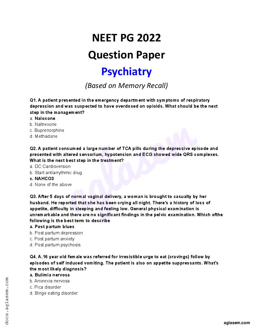 NEET PG 2022 Question Paper Psychiatry - Page 1