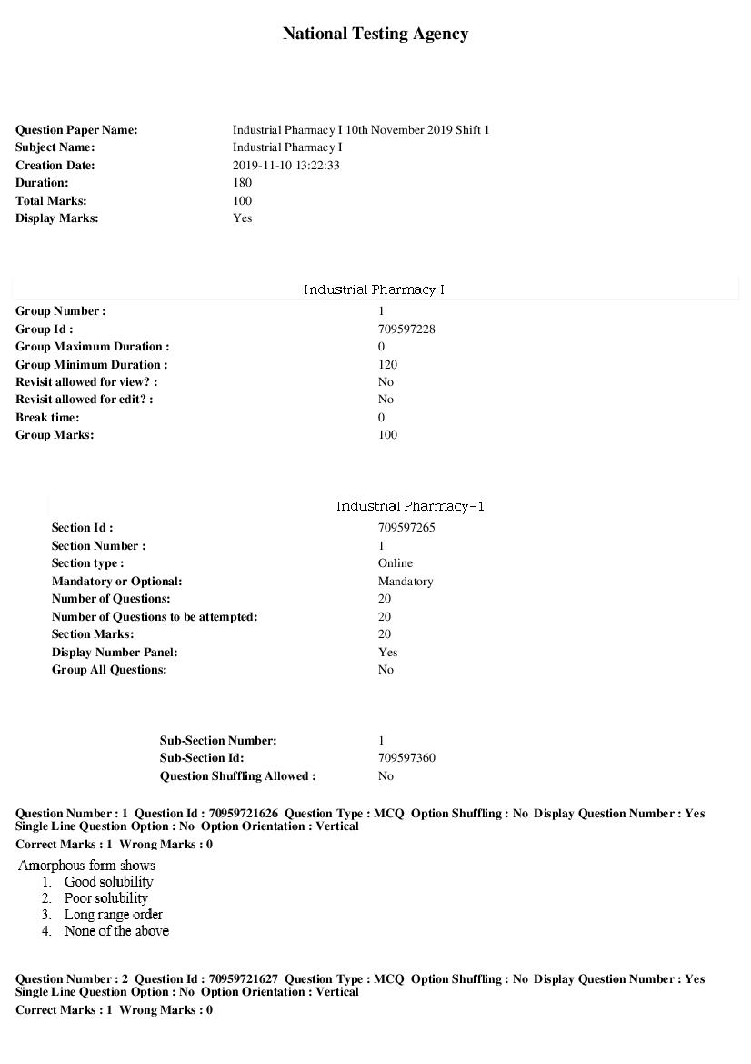 SWAYAM 2019 Question Paper Industrial Pharmacy I - Page 1 of 7