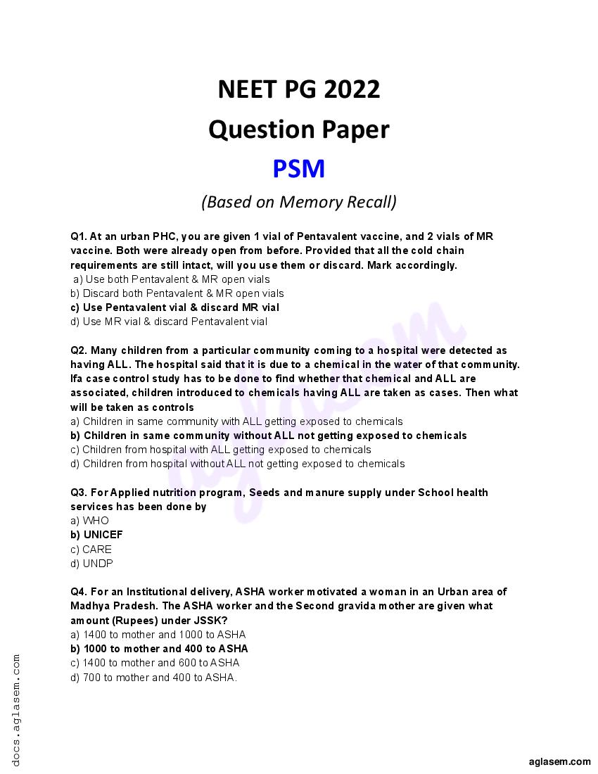 NEET PG 2022 Question Paper PSM - Page 1
