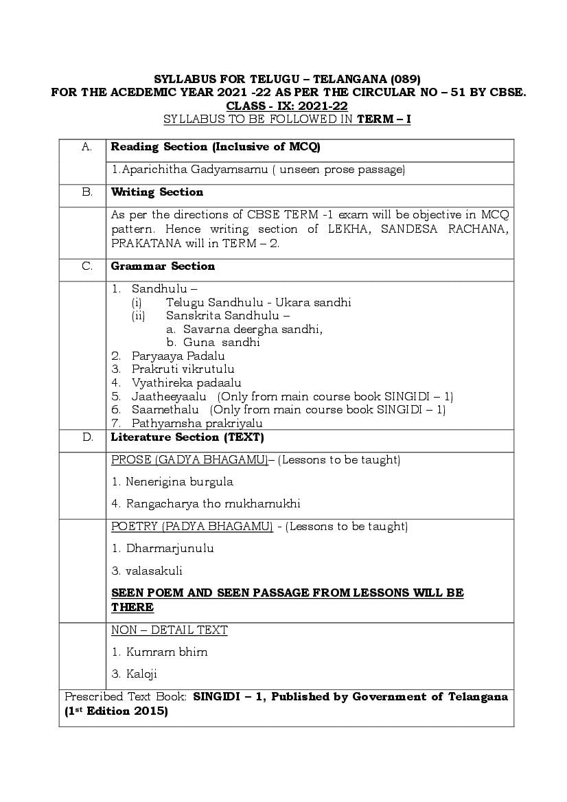 CBSE Class 10 Term Wise Syllabus 2021-22 Telugu TS - Page 1