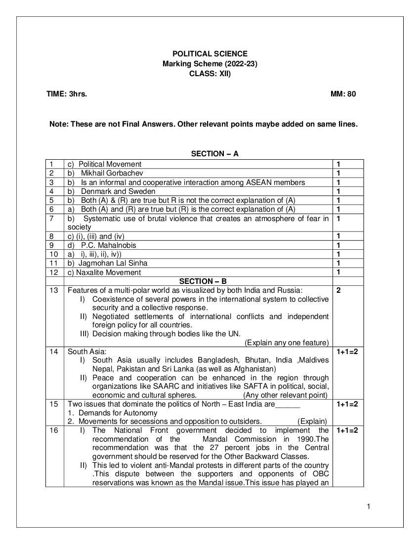 CBSE Class 12 Sample Paper 2023 Solution Political Science - Page 1