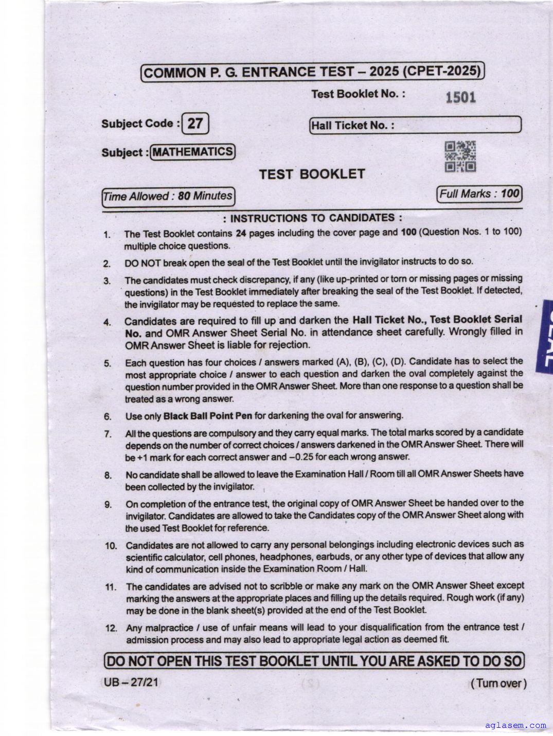 Odisha CPET 2025 Question Paper Mathematics - Page 1 of 24