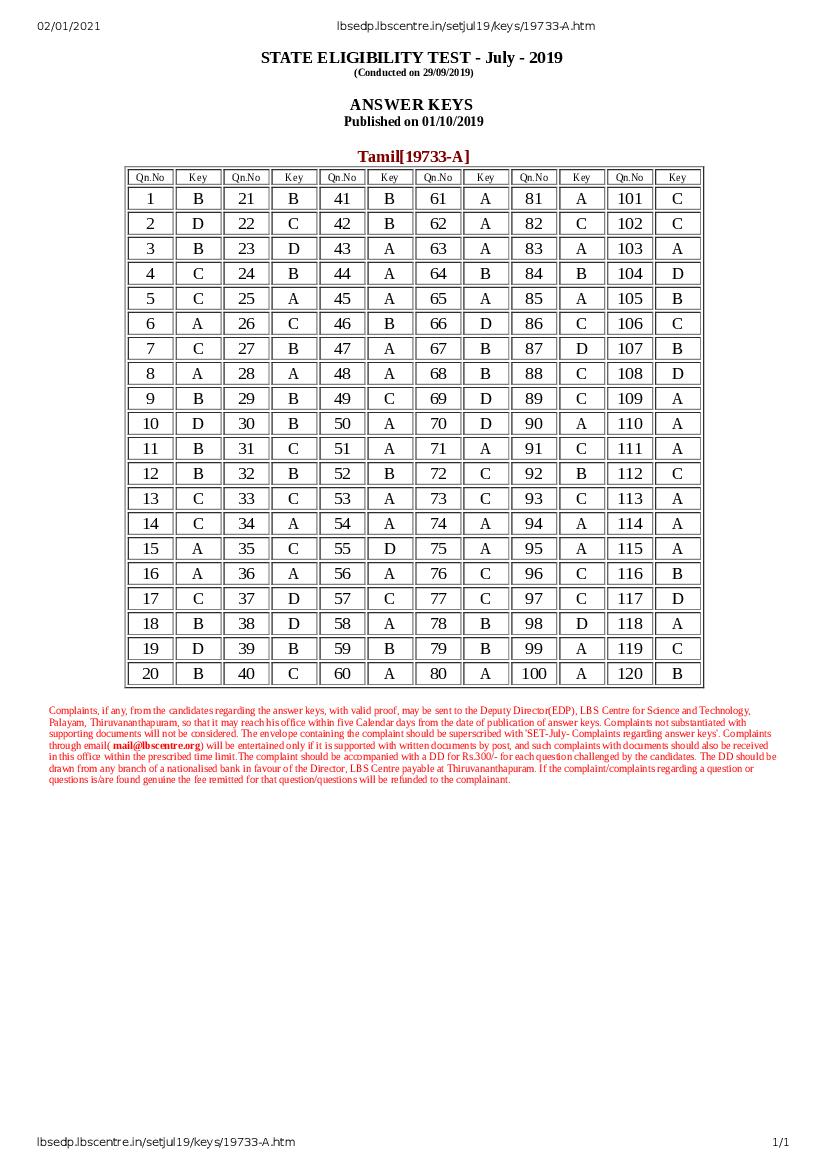 Kerala SET 2019 Jul Answer Key Tamil - Page 1 of 1