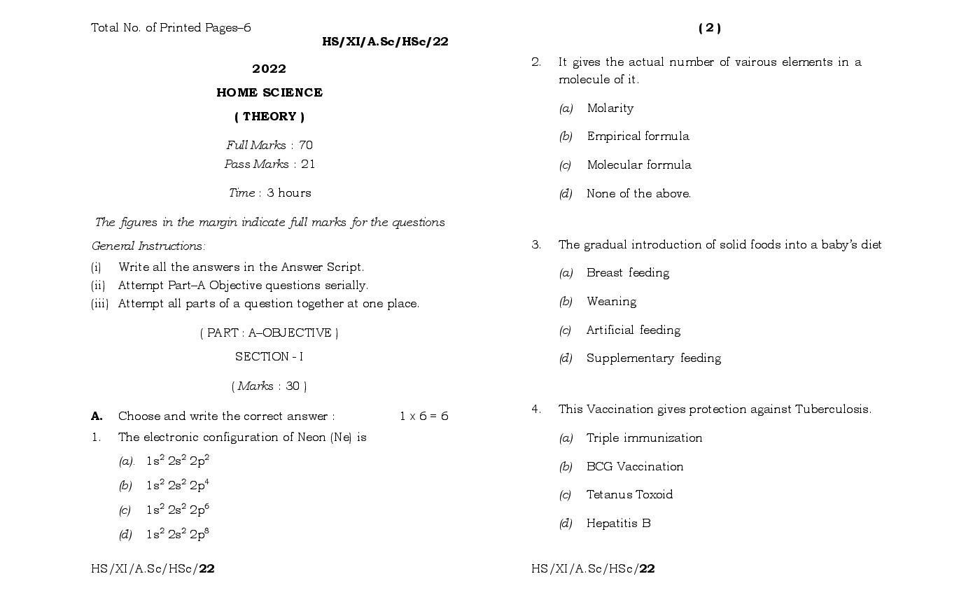 MBOSE Class 11 Question Paper 2022 for Home Science - Page 1