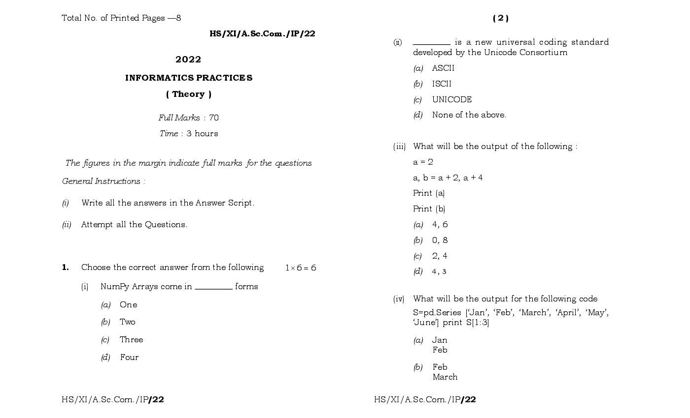 MBOSE Class 11 Question Paper 2022 for Informatics Practices - Page 1