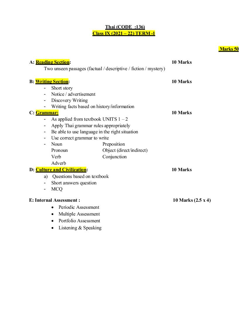 CBSE Class 10 Term Wise Syllabus 2021-22 Thai - Page 1