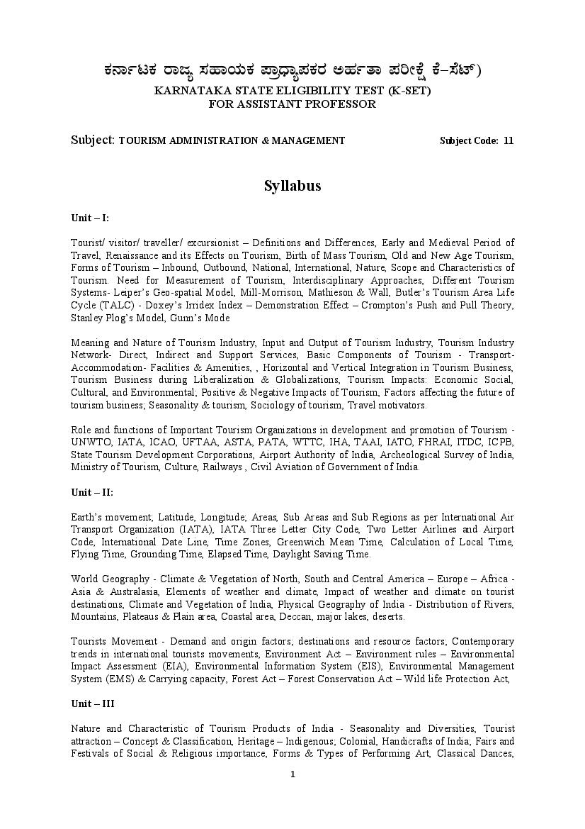 KSET Syllabus Tourism Administration and Management - Page 1