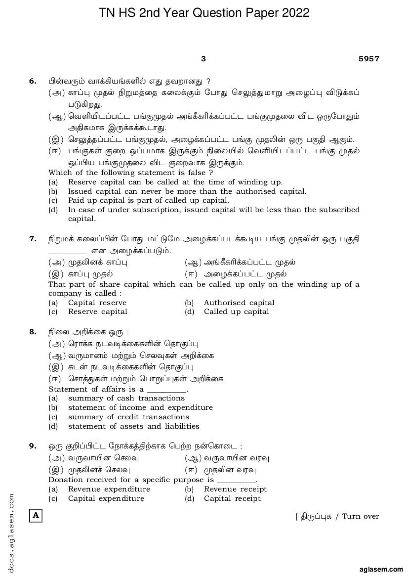 Tamil Nadu 12th Question Paper 2022 for Accountancy (PDF)