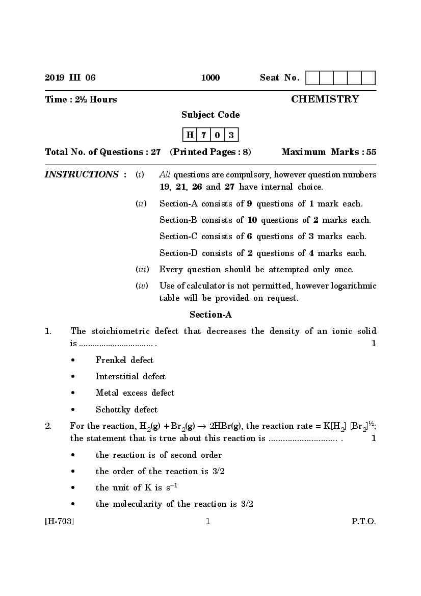 Goa Board Class 12 Question Paper Mar 2019 Chemistry - Page 1