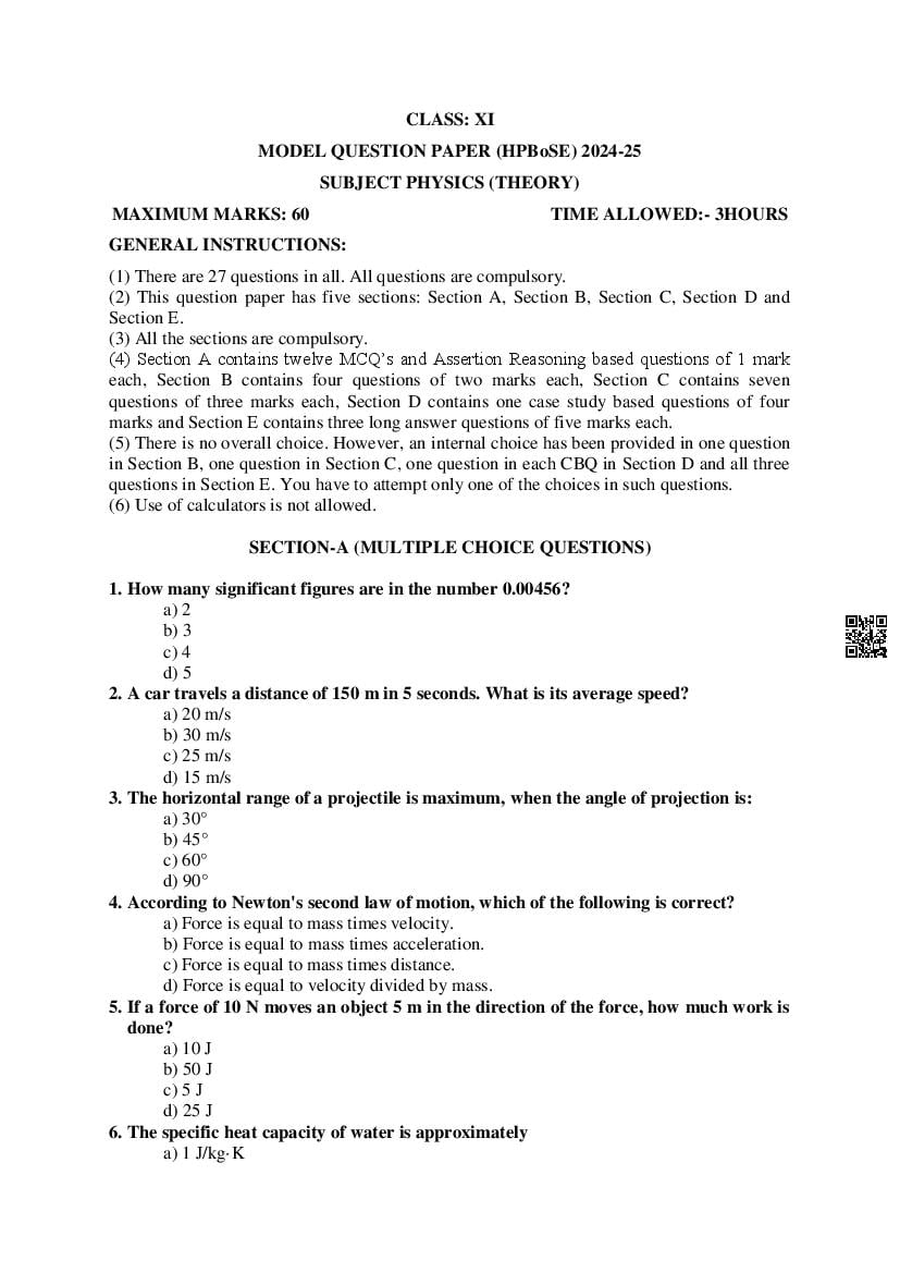HP Board Class 11 Physics Model Paper 2025 (PDF) - HPBOSE 11th Sample ...