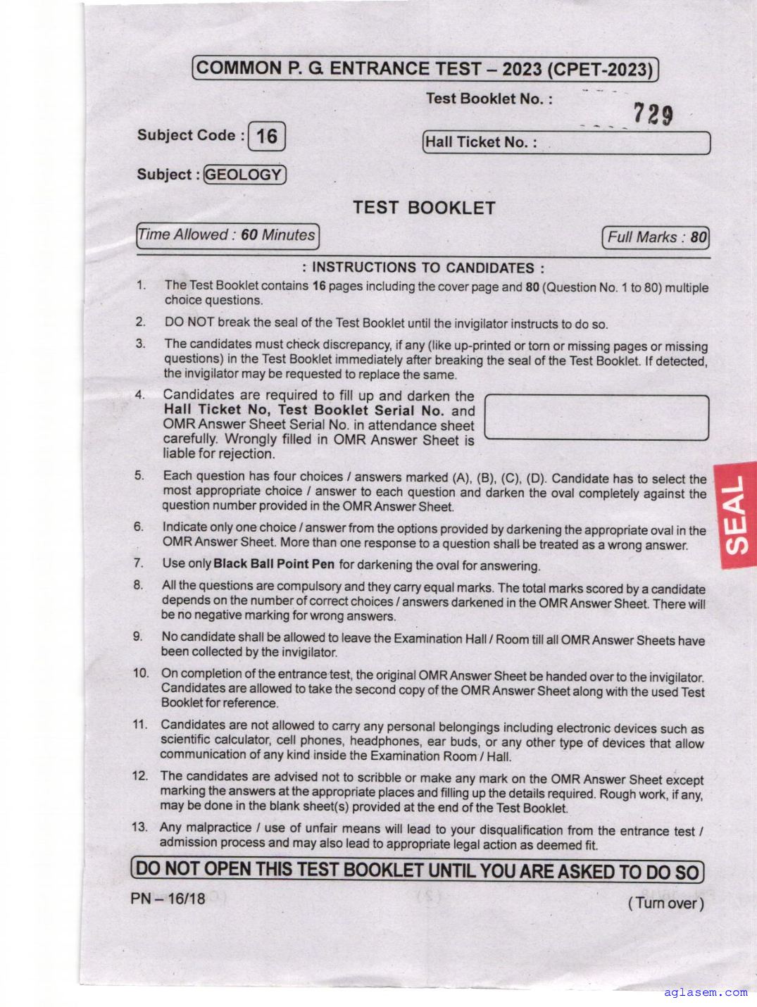 Odisha CPET 2023 Question Paper Geology - Page 1 of 16