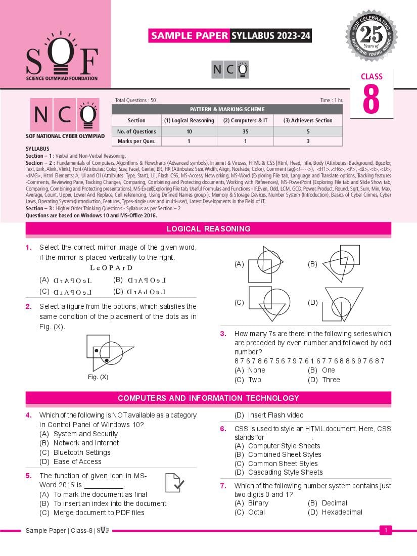 NCO Sample Paper 2024 Class 8 - Page 1