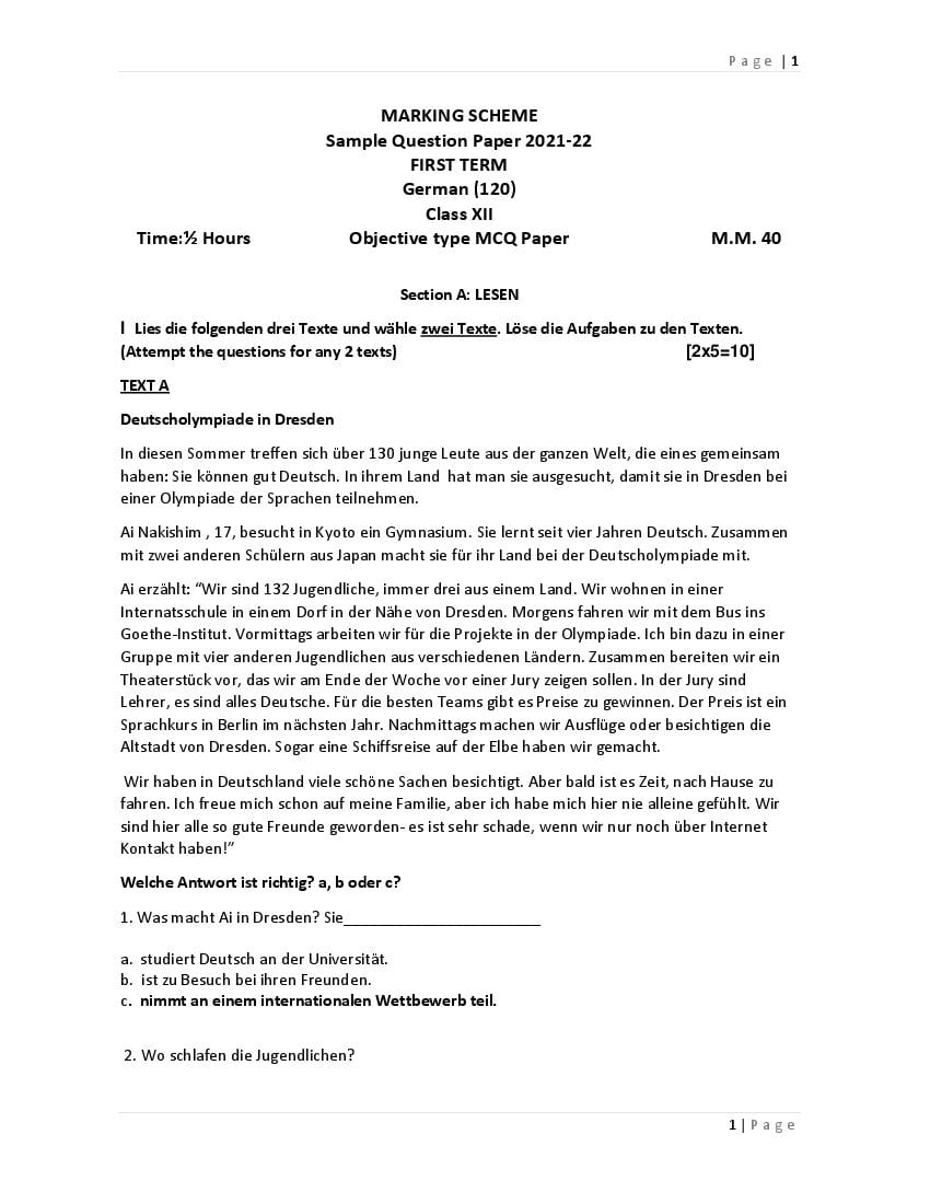 CBSE Class 12 Marking Scheme 2022 for German - Page 1