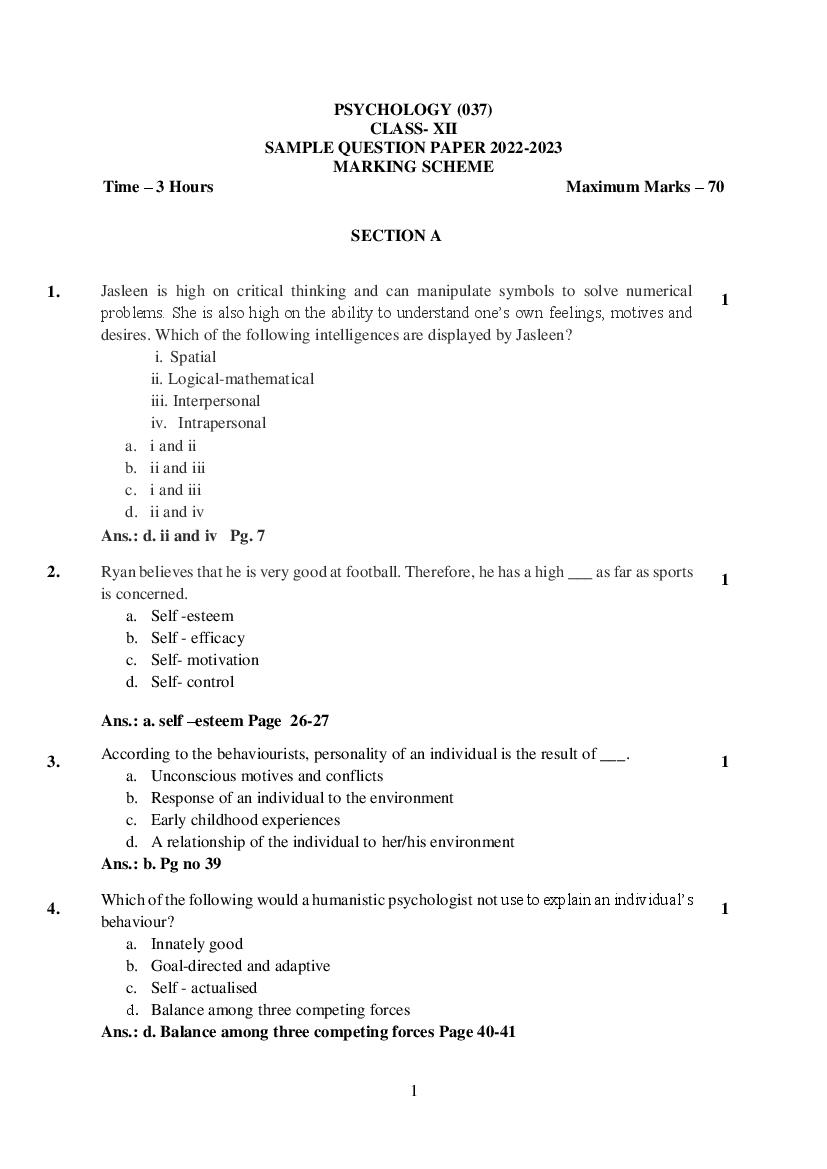 CBSE Class 12 Sample Paper 2023 Solution Psychology - Page 1