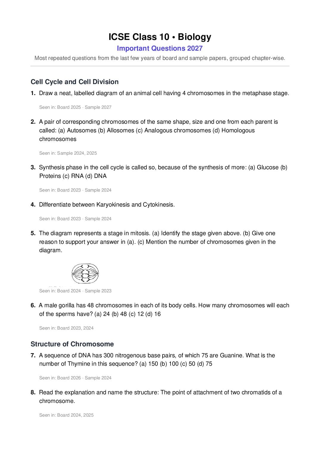 ICSE Class 10 Important Questions 2027 Biology - Page 1 of 15
