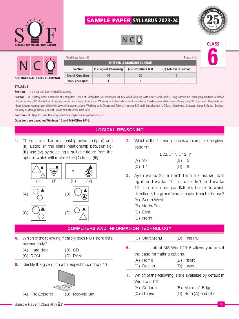 NCO Sample Paper 2024 Class 6 - Page 1