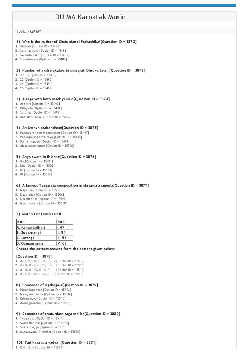 DUET 2021 Question Paper MA Karnatak Music - Page 1