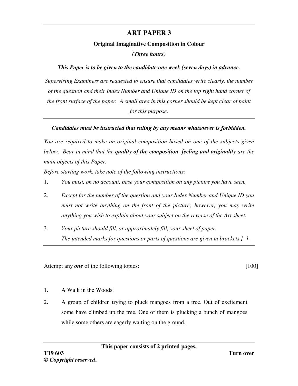 ICSE Class 10 Question Paper 2019 for Art Paper 3 - Page 1