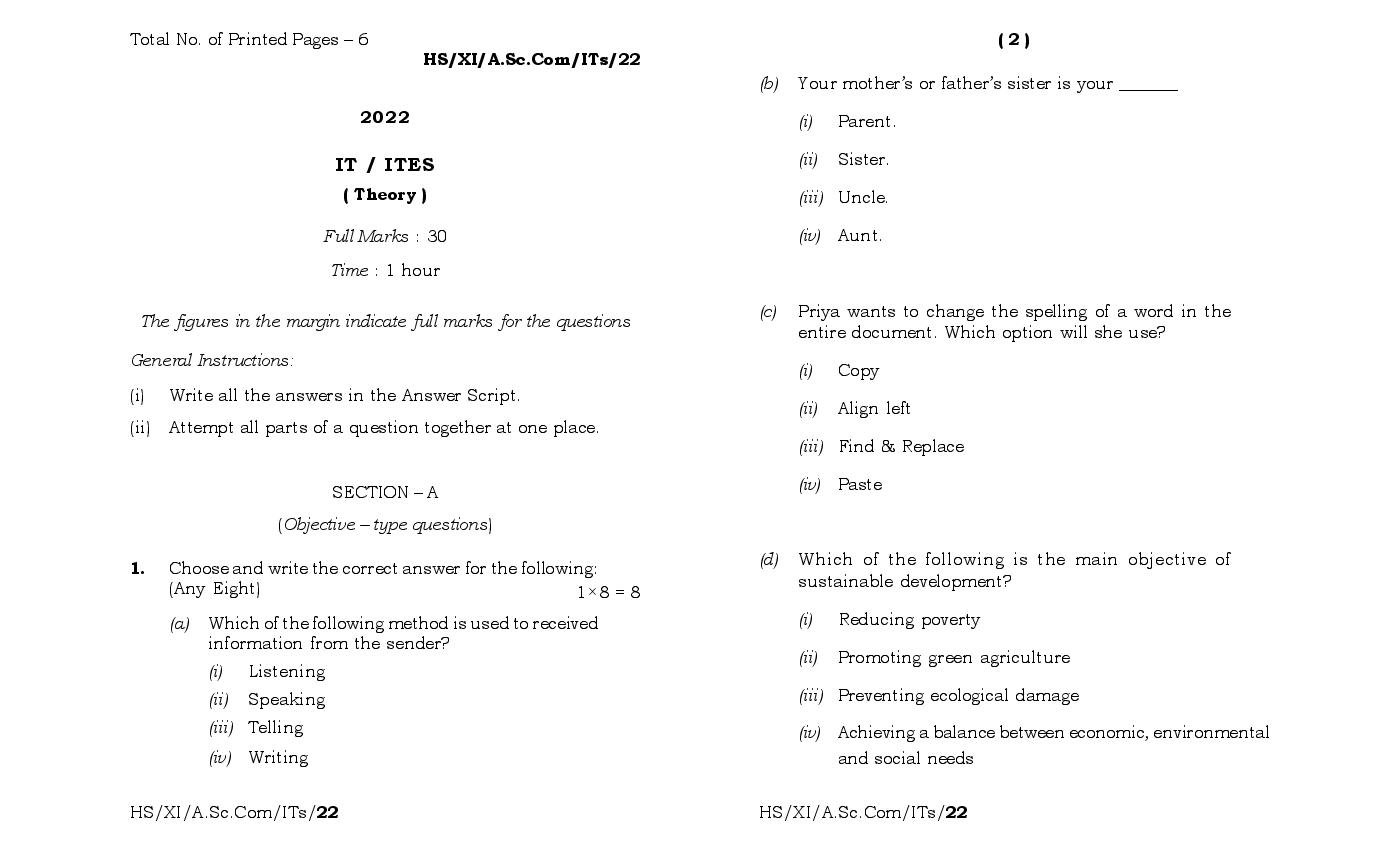 MBOSE Class 11 Question Paper 2022 for IT ITES - Page 1