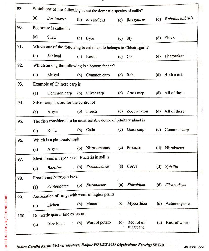 IGKV CET 2019 Question Paper PDF (PG CET, 200 Questions)