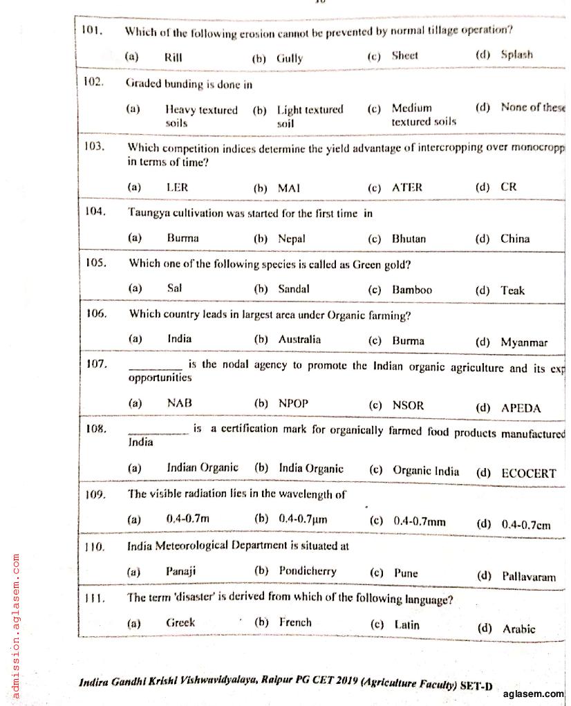 IGKV CET 2019 Question Paper PDF (PG CET, 200 Questions)