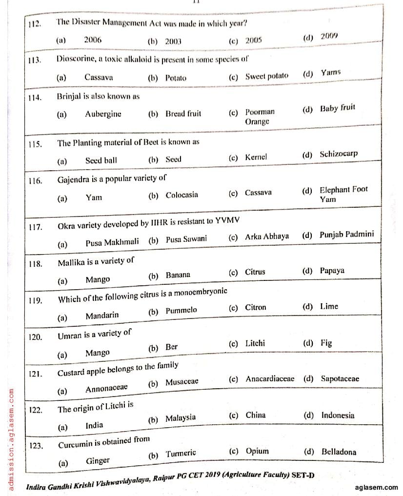 IGKV CET 2019 Question Paper PDF (PG CET, 200 Questions)