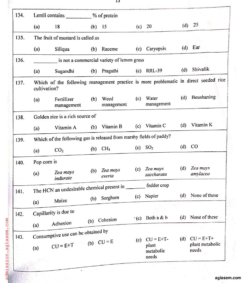 IGKV CET 2019 Question Paper PDF (PG CET, 200 Questions)