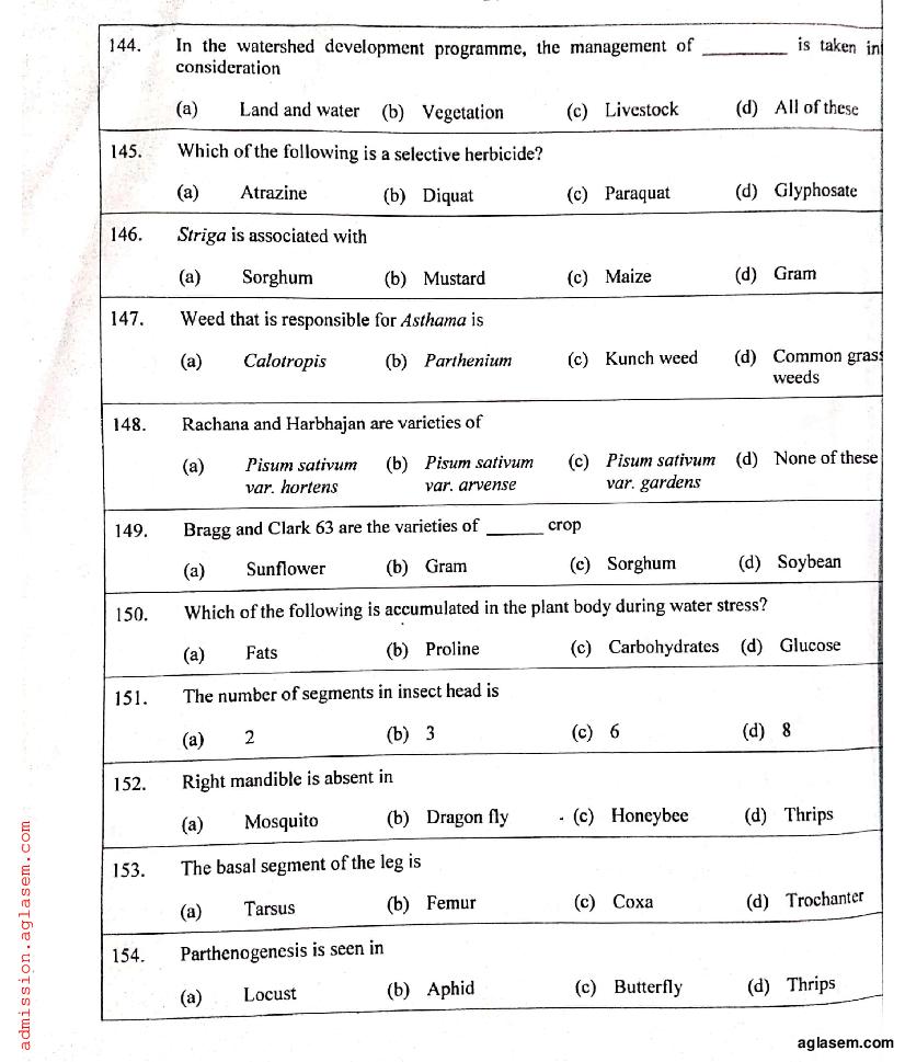IGKV CET 2019 Question Paper PDF (PG CET, 200 Questions)