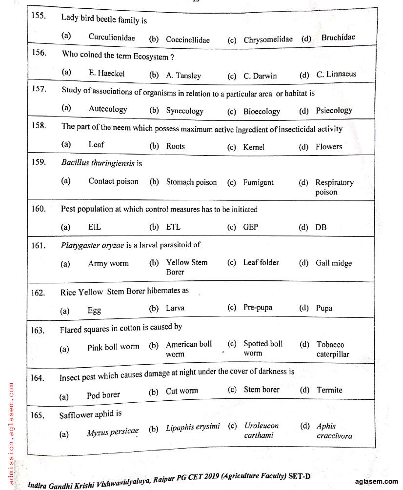 IGKV CET 2019 Question Paper PDF (PG CET, 200 Questions)