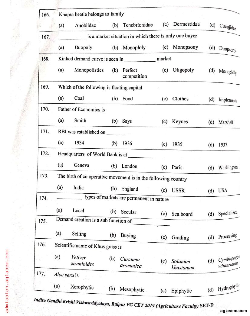 IGKV CET 2019 Question Paper PDF (PG CET, 200 Questions)