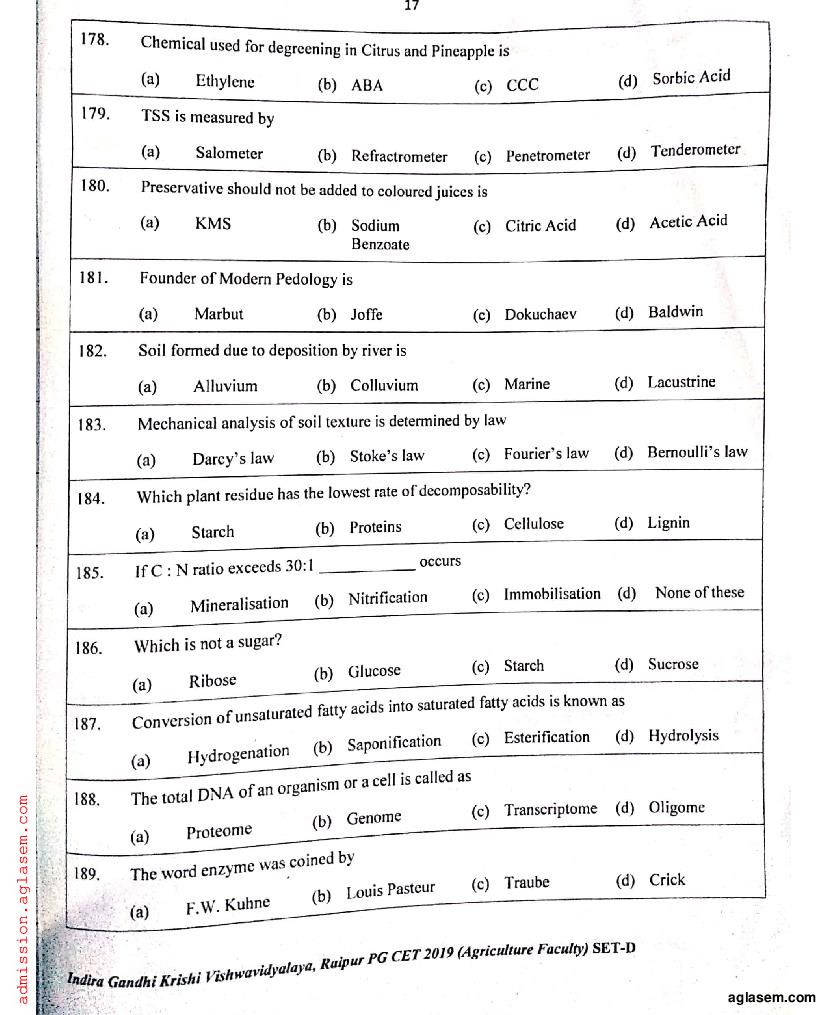IGKV CET 2019 Question Paper PDF (PG CET, 200 Questions)