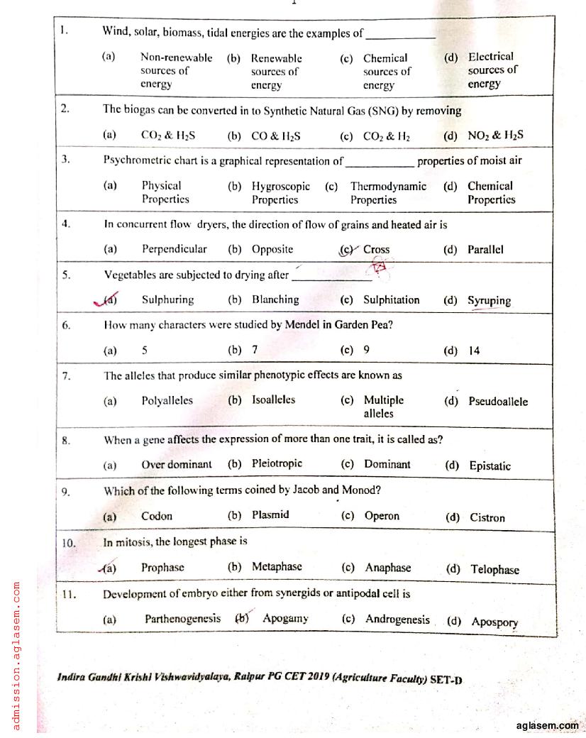 IGKV CET 2019 Question Paper PDF (PG CET, 200 Questions)