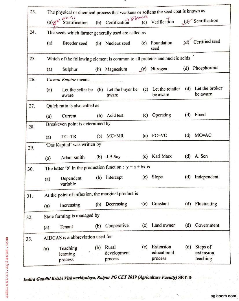 IGKV CET 2019 Question Paper PDF (PG CET, 200 Questions)