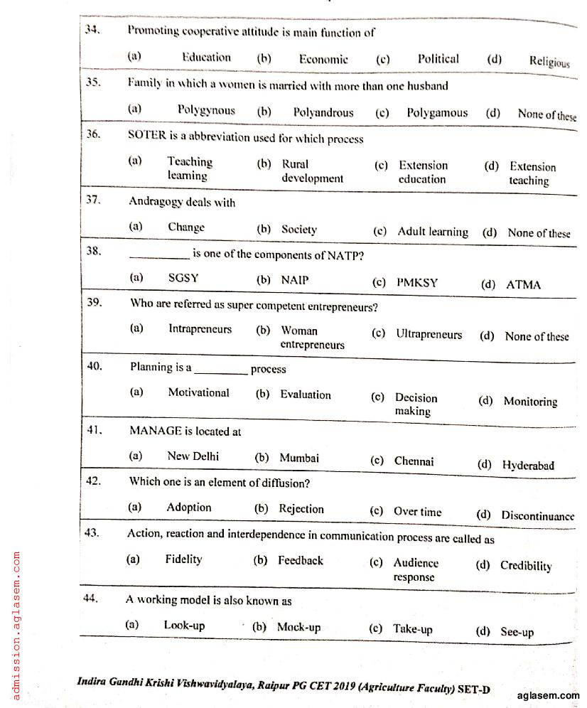 IGKV CET 2019 Question Paper PDF (PG CET, 200 Questions)