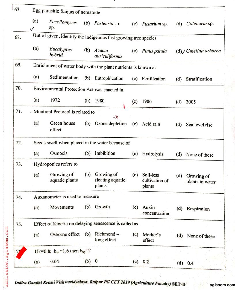 IGKV CET 2019 Question Paper PDF (PG CET, 200 Questions)