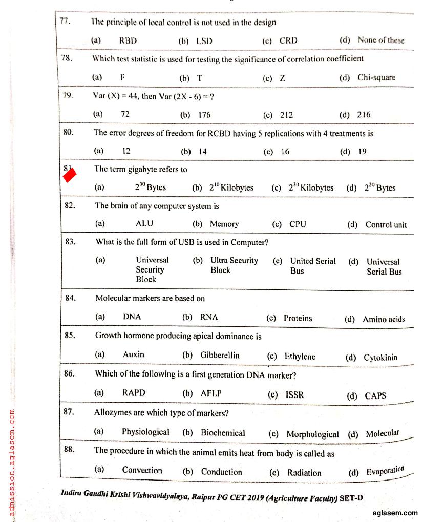 IGKV CET 2019 Question Paper PDF (PG CET, 200 Questions)