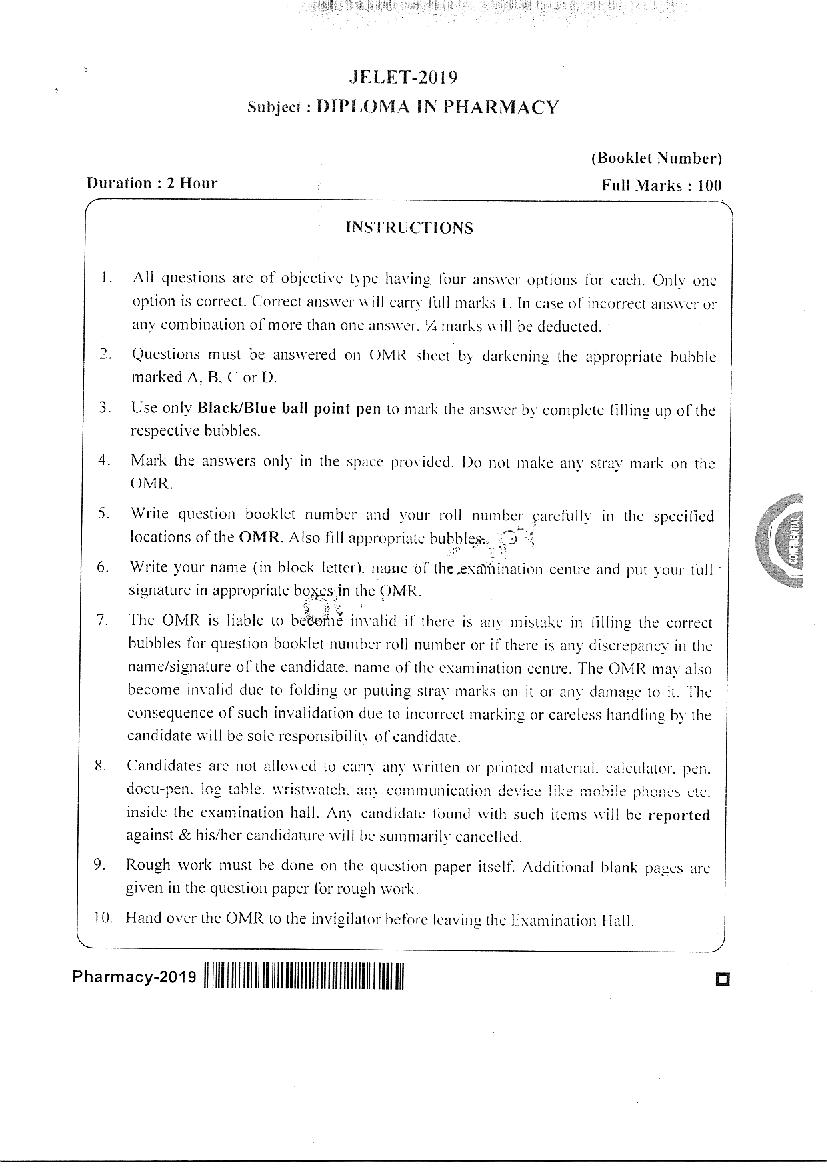 JELET 2019 Question Paper Diploma in Pharmacy - Page 1