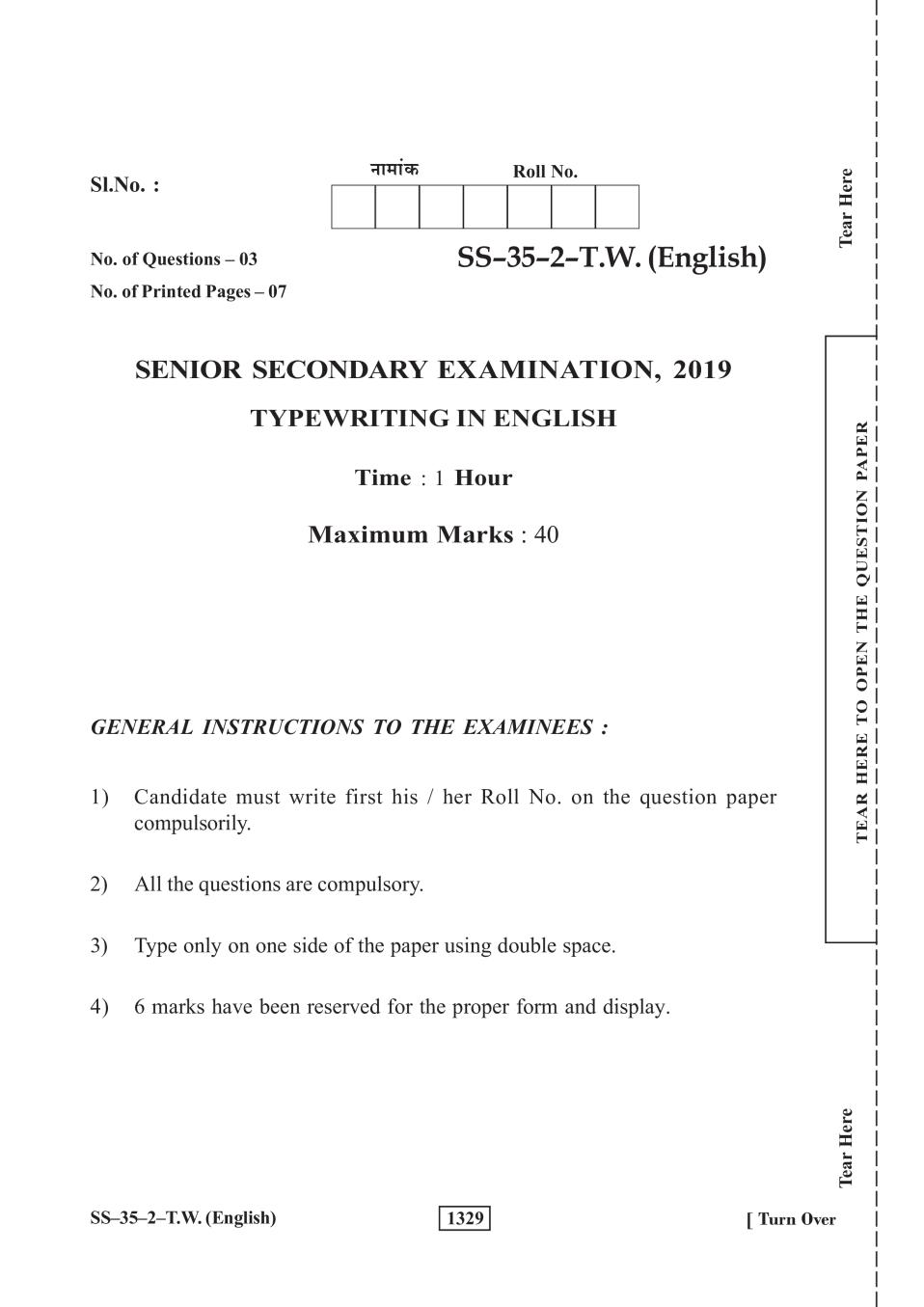 Rajasthan Board 12th Class Typewriting English Question Paper 2019 - Page 1