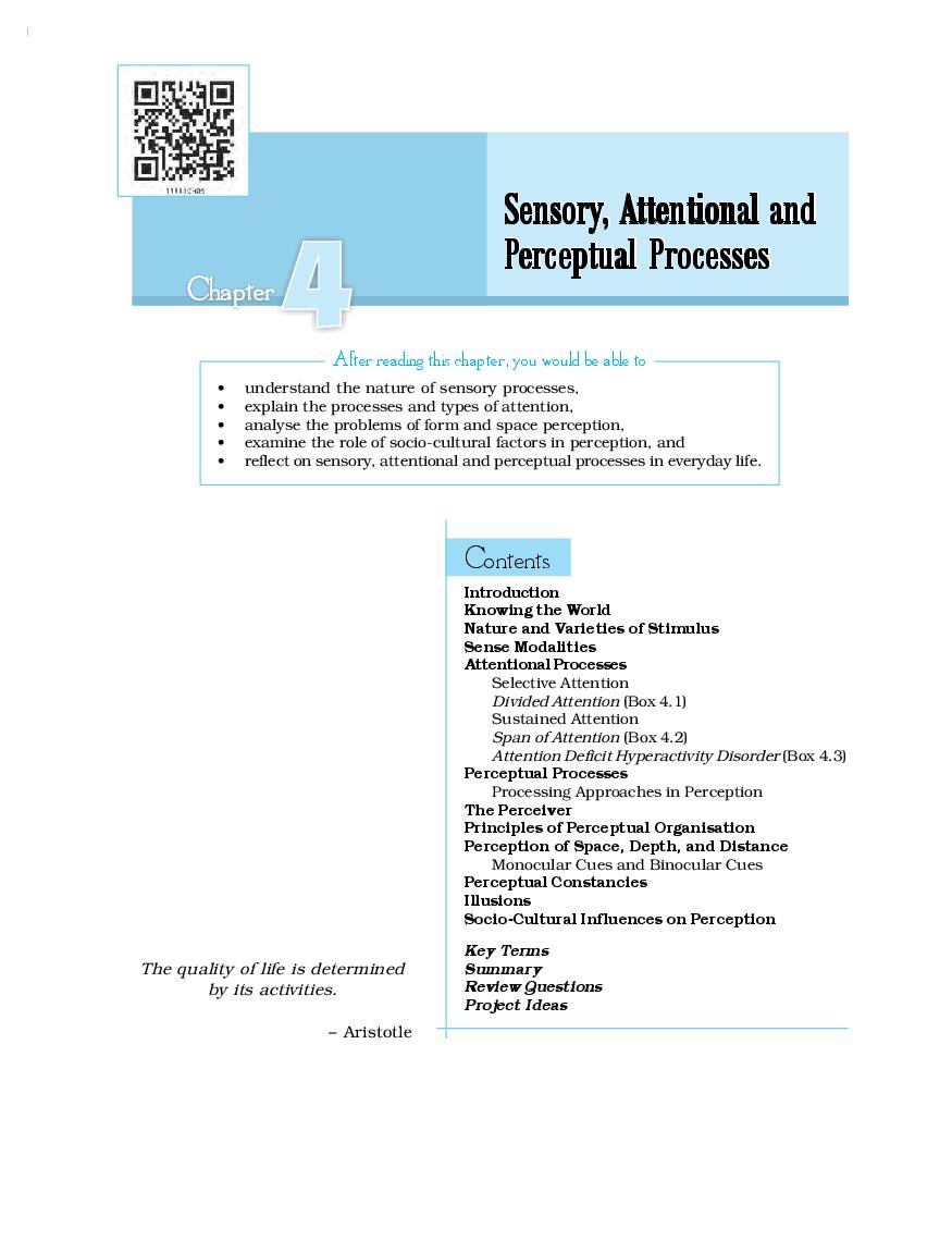 NCERT Book Class 11 Psychology (मनोविज्ञान) Chapter 4 संवेदी, अवधानिक एवं प्रत्यक्षिक प्रक्रियाएं - Page 1